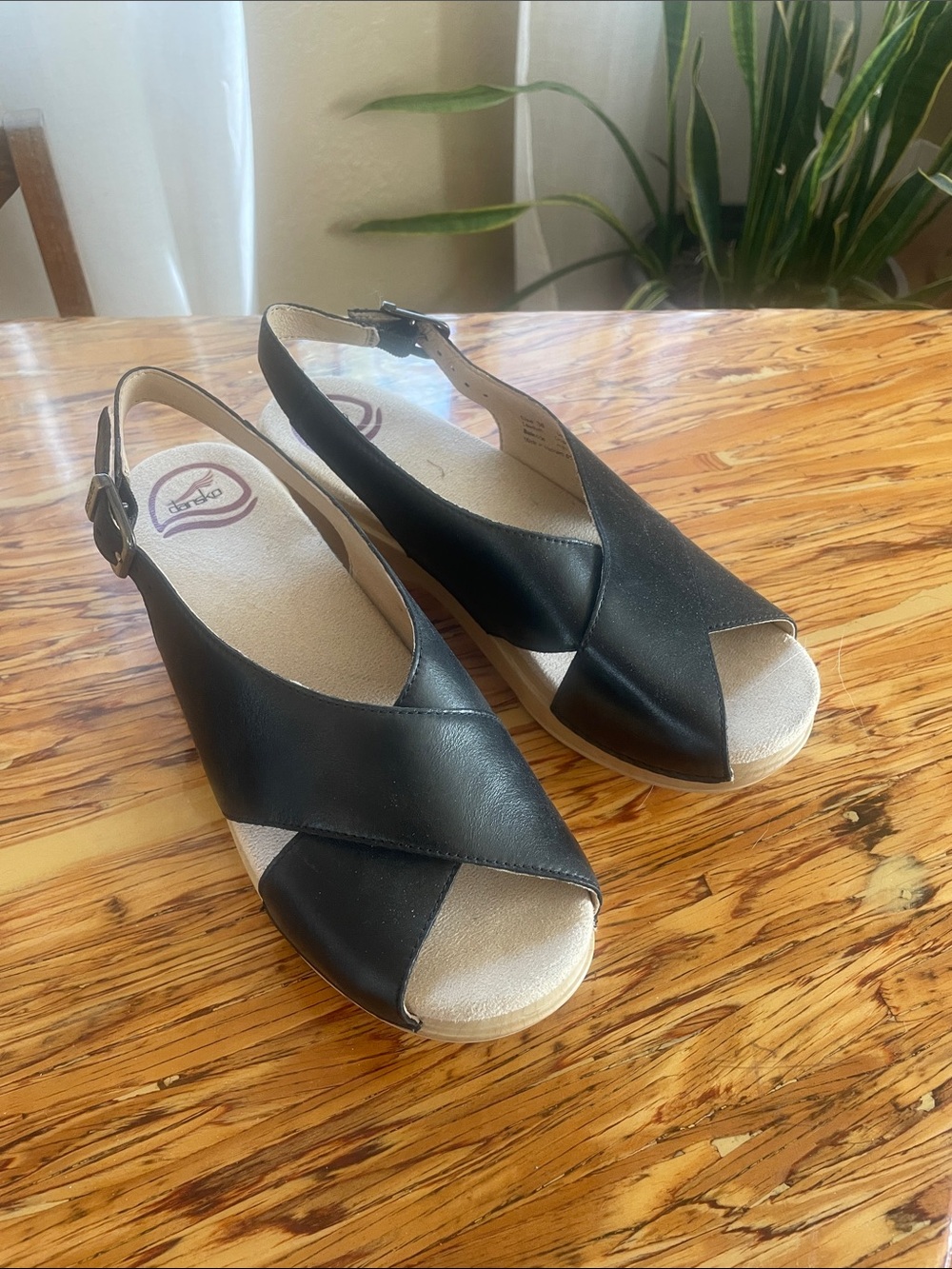 Dansko Black Leather Open-Toe Slingback Wedge Sandals